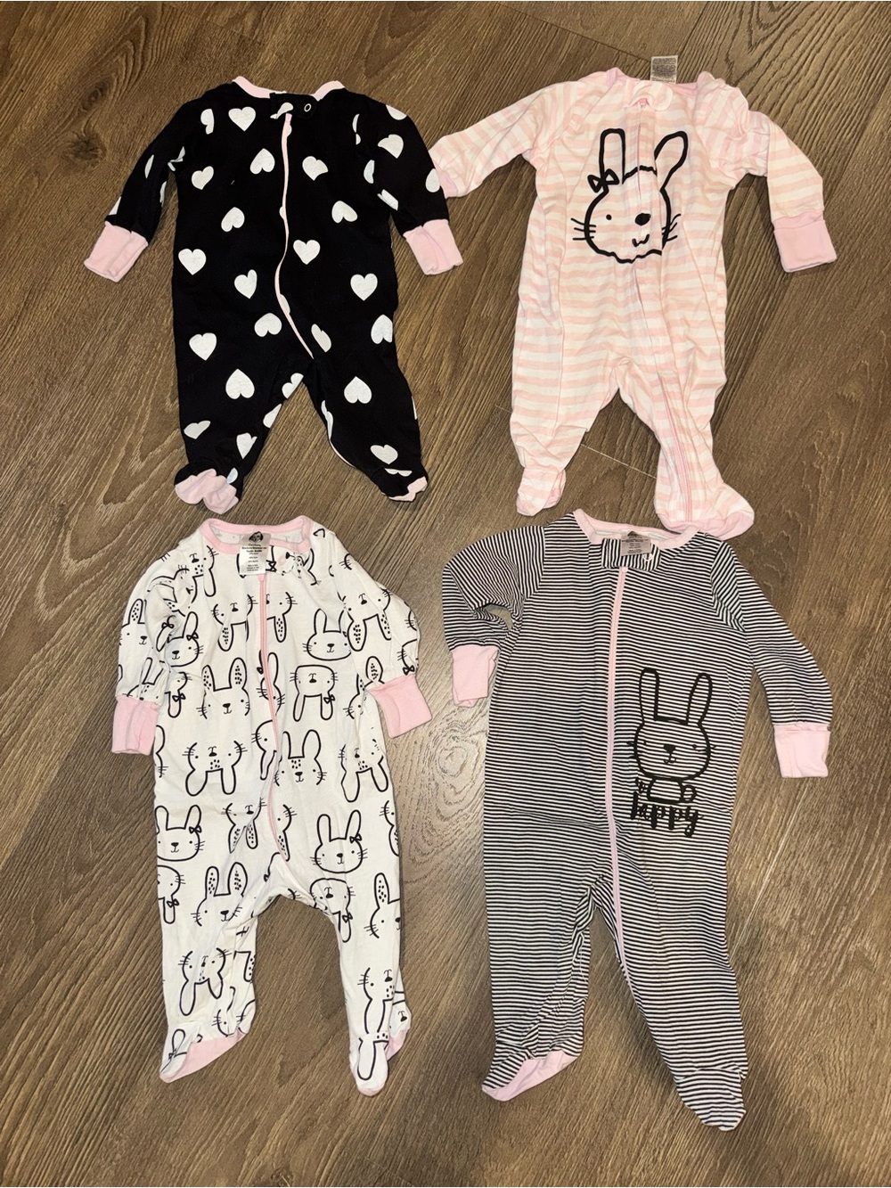 Baby Girls' Pink and Black Bunny Print One-Piece Footed Pajamas (4-Pack) Newborn